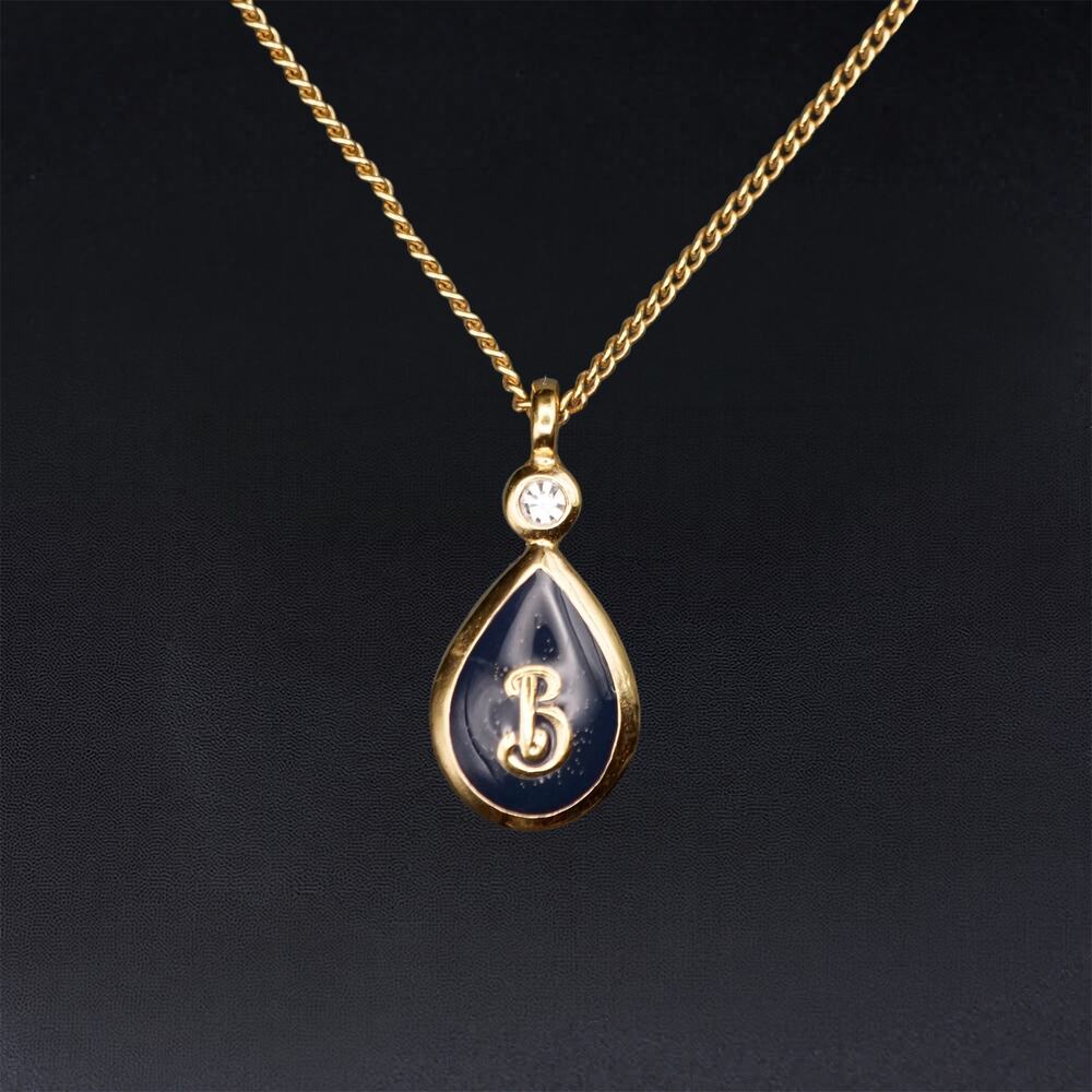 Vintage Burberrys Necklace Blue Enamel Gold Teardrop Pendant Logo 90s Authentic